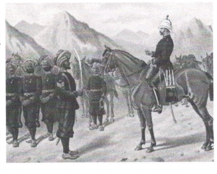 Colonial-era officers and soldiers in a mountainous region