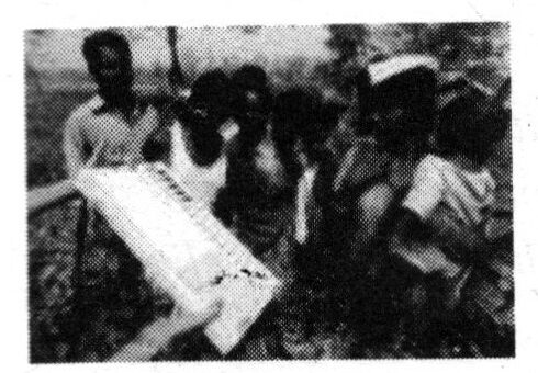 Group of people gathered around a voting surface