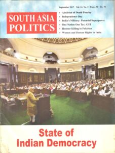 Cover of South Asia Politics, September 2017, listing Abolition of Death Penalty